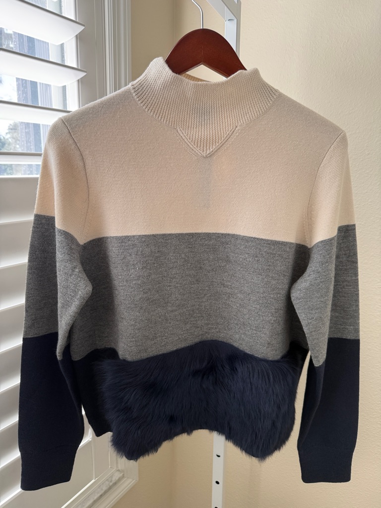 Cream, Gray & Navy Colorblock Mock Neck Sweater With Faux Fur Trim